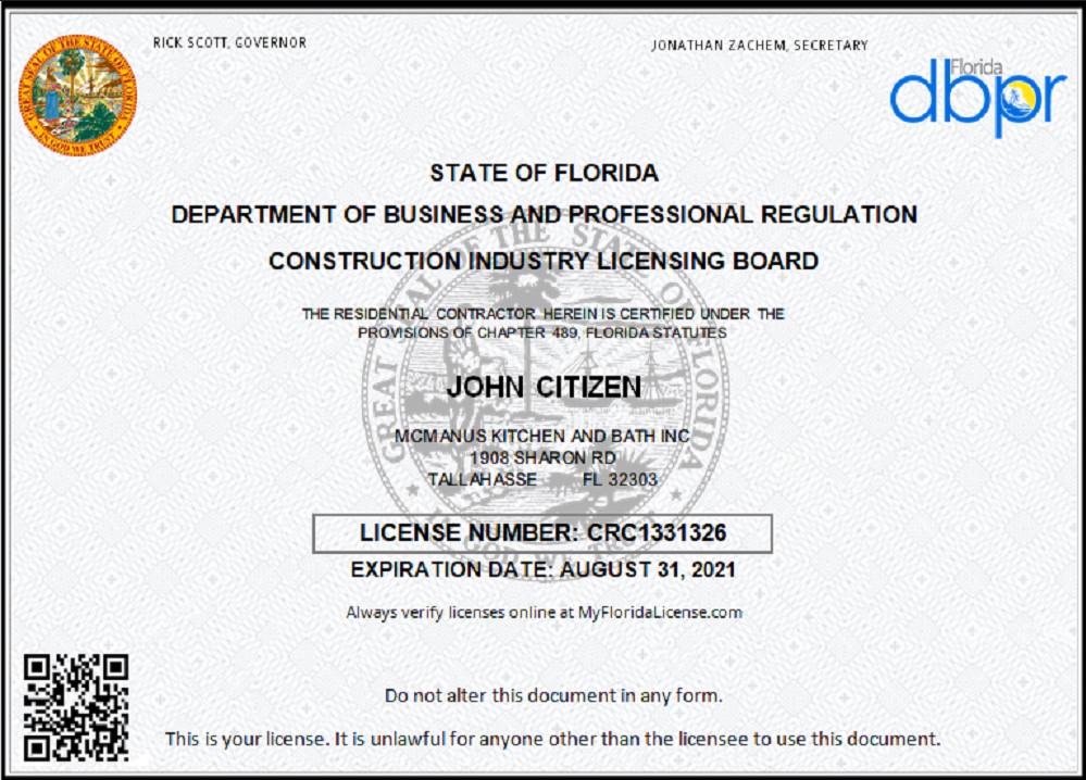 USA Florida Contractor Business license
